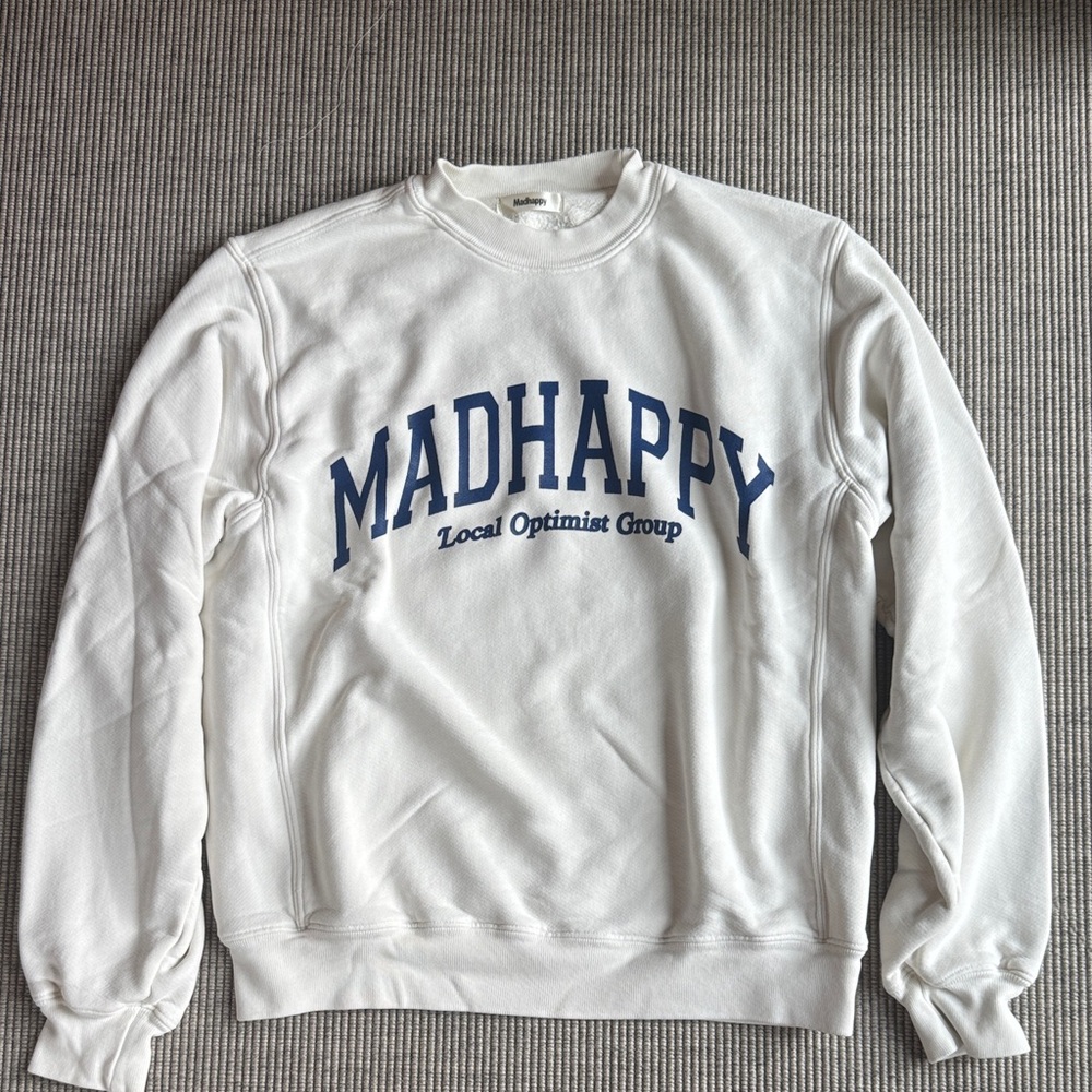 MADHAPPY Local Optimist Group Sweatshirt Size XS White Campus Fleece Crewneck